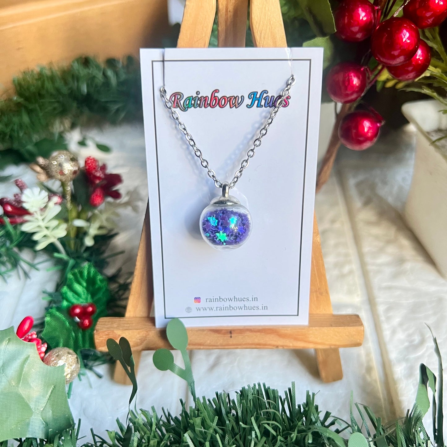 Glass Globe Shaker Necklace- Purple