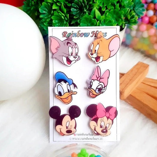 Express your love of classic cartoons with these fun Cartoon Character Earrings (Set of 3)! Featuring Tom and Jerry, Donald and Daisy, and Mickey and Minnie, the set will bring a touch of nostalgia and whimsy to any ensemble. The vibrant earrings are crafted with precision and care for maximum comfort and style. Cartoon Character Earrings—a perfect way to make a lasting impression!