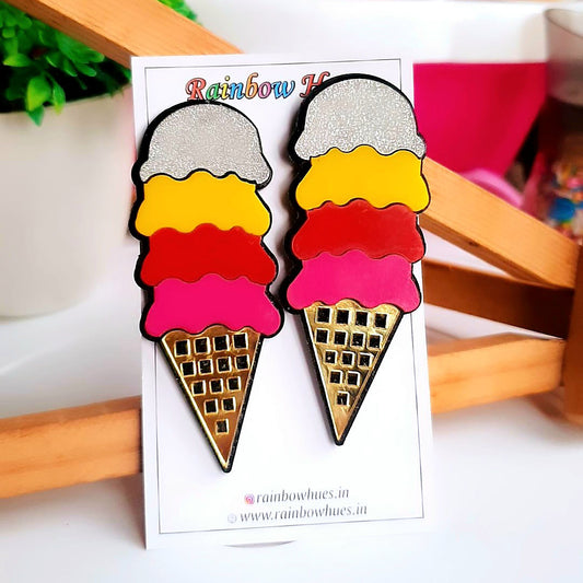 Satisfy your sweet tooth with these charming Four-Scoop Ice-Cream Cone Earrings! Delightfully designed with intricate details, they'll bring an adorable touch of fun to any outfit. These earrings will make you feel happy and confident every time you wear them!