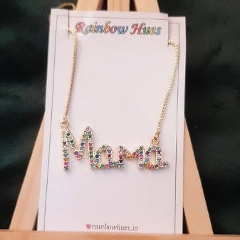 Adorn yourself with a beautiful Golden Mama Necklace made with sparkling Rainbow Coloured Zirconia stones. Show off your love for your mother or show your mom just how much you appreciate her with this timeless design. An incredible gift for all moms, perfect for special occasions!